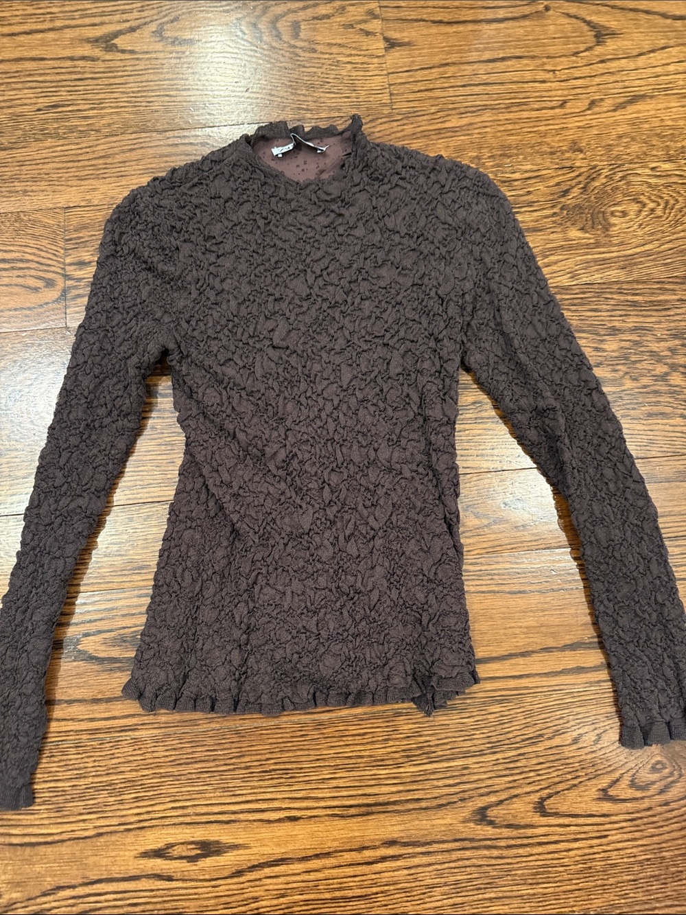 Zara Brown Textured Long-Sleeve Ruffle Trim Top